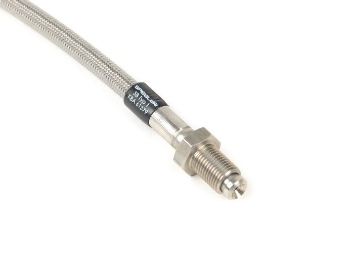 Brake hose, front, to genuine brake caliper -SPIEGLER hose: stainless steel (transparent), fitting: aluminium (silver)- Vespa (with ABS) GTS 125i.e. Super ABS (ZAPM45300, ZAPM45301), Vespa GTS 300 ABS (ZAPM45200, ZAPM45202), Vespa GTS 300i.e. Super ABS (Z