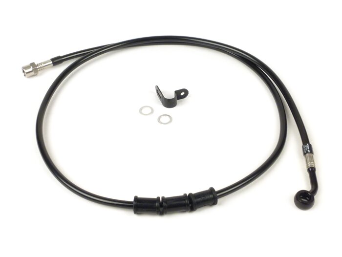 Brake hose, rear, to genuine brake caliper -SPIEGLER hose: stainless steel (black), fitting: aluminium (black)- Vespa (with ABS) GTS 125i.e. Super ABS (ZAPM45300, ZAPM45301), Vespa GTS 300 ABS (ZAPM45200, ZAPM45202), Vespa GTS 300i.e. Super ABS (ZAPM45200