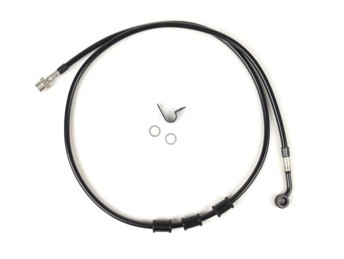 Brake hose, rear, to genuine brake caliper -SPIEGLER hose: stainless steel (black), fitting: aluminium (black)- Vespa (with ABS) GTS 125i.e. Super ABS (ZAPM45300, ZAPM45301), Vespa GTS 300 ABS (ZAPM45200, ZAPM45202), Vespa GTS 300i.e. Super ABS (ZAPM45200