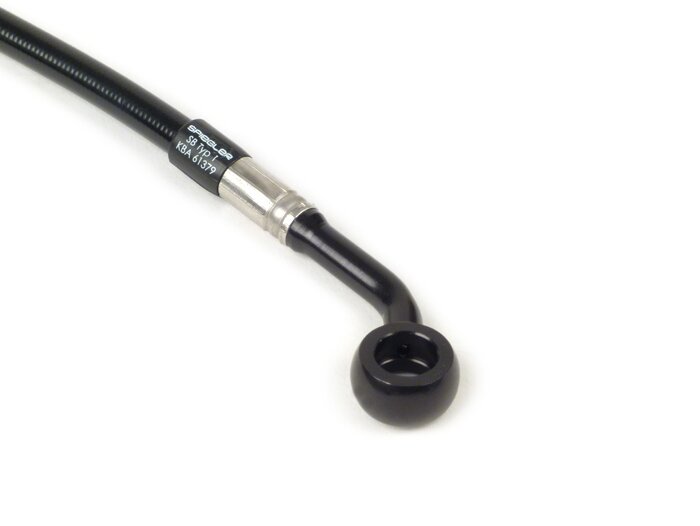 Brake hose, rear, to genuine brake caliper -SPIEGLER hose: stainless steel (black), fitting: aluminium (black)- Vespa (with ABS) GTS 125i.e. Super ABS (ZAPM45300, ZAPM45301), Vespa GTS 300 ABS (ZAPM45200, ZAPM45202), Vespa GTS 300i.e. Super ABS (ZAPM45200