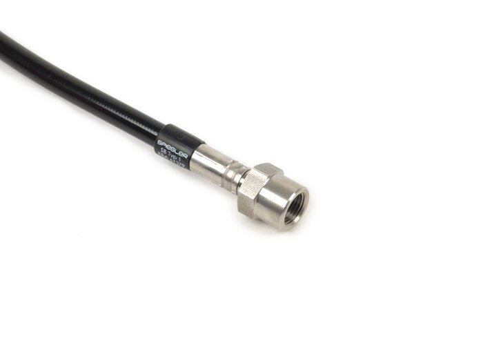 Brake hose, rear, to genuine brake caliper -SPIEGLER hose: stainless steel (black), fitting: aluminium (black)- Vespa (with ABS) GTS 125i.e. Super ABS (ZAPM45300, ZAPM45301), Vespa GTS 300 ABS (ZAPM45200, ZAPM45202), Vespa GTS 300i.e. Super ABS (ZAPM45200