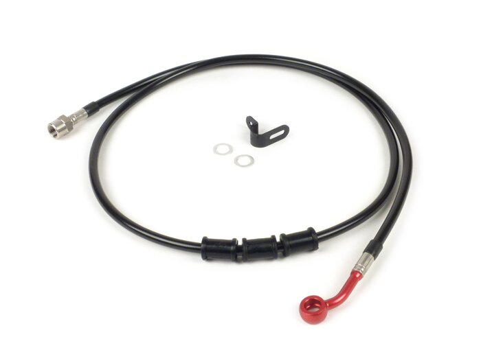 Saluran rem belakang ke kaliper rem asli -Garis spiegel: baja tahan karat (hitam), fitting: aluminium (merah) - Vespa (dengan ABS) GTS 125i.e. Super ABS (ZAPM45300, ZAPM45301), Vespa GTS 300 ABS (ZAPM45200, ZAPM45202), Vespa GTS 300i.e. Super ABS (ZAPM452