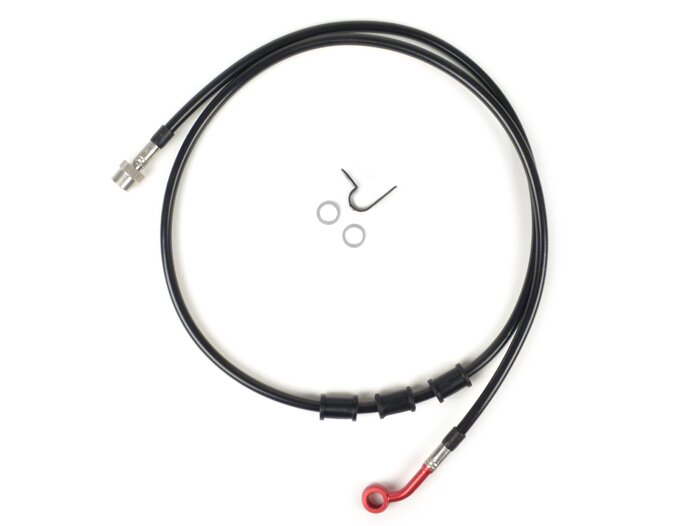 Saluran rem belakang ke kaliper rem asli -Garis spiegel: baja tahan karat (hitam), fitting: aluminium (merah) - Vespa (dengan ABS) GTS 125i.e. Super ABS (ZAPM45300, ZAPM45301), Vespa GTS 300 ABS (ZAPM45200, ZAPM45202), Vespa GTS 300i.e. Super ABS (ZAPM452