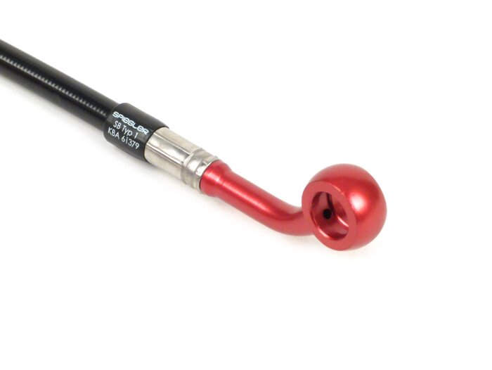 Saluran rem belakang ke kaliper rem asli -Garis spiegel: baja tahan karat (hitam), fitting: aluminium (merah) - Vespa (dengan ABS) GTS 125i.e. Super ABS (ZAPM45300, ZAPM45301), Vespa GTS 300 ABS (ZAPM45200, ZAPM45202), Vespa GTS 300i.e. Super ABS (ZAPM452