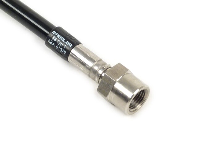 Saluran rem belakang ke kaliper rem asli -Garis spiegel: baja tahan karat (hitam), fitting: aluminium (merah) - Vespa (dengan ABS) GTS 125i.e. Super ABS (ZAPM45300, ZAPM45301), Vespa GTS 300 ABS (ZAPM45200, ZAPM45202), Vespa GTS 300i.e. Super ABS (ZAPM452