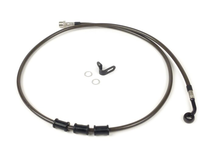 Brake hose, rear, to genuine brake caliper -SPIEGLER hose: stainless steel (colour: carbon), fitting: aluminium (black)- Vespa (with ABS) GTS 125i.e. Super ABS (ZAPM45300, ZAPM45301), Vespa GTS 300 ABS (ZAPM45200, ZAPM45202), Vespa GTS 300i.e. Super ABS (