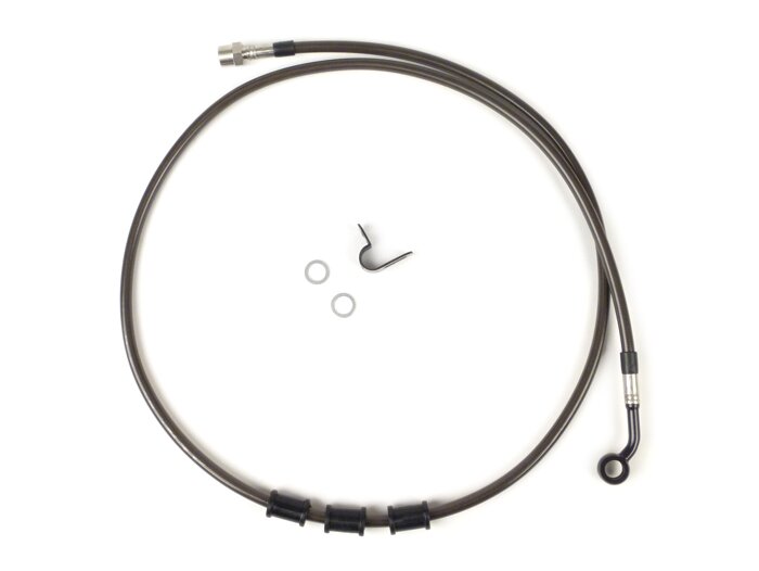 Brake hose, rear, to genuine brake caliper -SPIEGLER hose: stainless steel (colour: carbon), fitting: aluminium (black)- Vespa (with ABS) GTS 125i.e. Super ABS (ZAPM45300, ZAPM45301), Vespa GTS 300 ABS (ZAPM45200, ZAPM45202), Vespa GTS 300i.e. Super ABS (