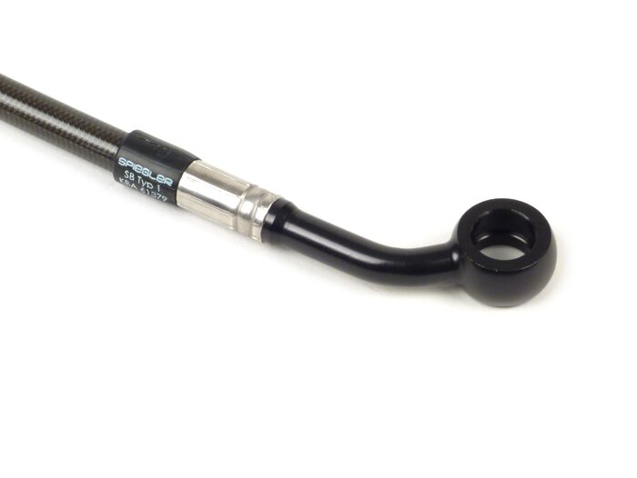 Brake hose, rear, to genuine brake caliper -SPIEGLER hose: stainless steel (colour: carbon), fitting: aluminium (black)- Vespa (with ABS) GTS 125i.e. Super ABS (ZAPM45300, ZAPM45301), Vespa GTS 300 ABS (ZAPM45200, ZAPM45202), Vespa GTS 300i.e. Super ABS (