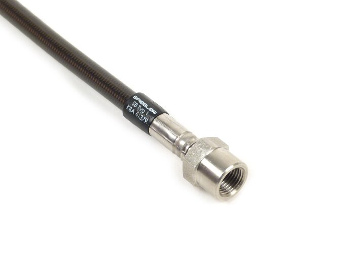 Brake hose, rear, to genuine brake caliper -SPIEGLER hose: stainless steel (colour: carbon), fitting: aluminium (black)- Vespa (with ABS) GTS 125i.e. Super ABS (ZAPM45300, ZAPM45301), Vespa GTS 300 ABS (ZAPM45200, ZAPM45202), Vespa GTS 300i.e. Super ABS (