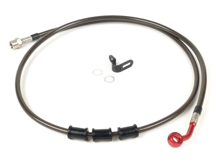 Brake hose, rear, to genuine brake caliper -SPIEGLER hose: stainless steel (colour: carbon), fitting: aluminium (red)- Vespa (with ABS) GTS 125i.e. Super ABS (ZAPM45300, ZAPM45301), Vespa GTS 300 ABS (ZAPM45200, ZAPM45202), Vespa GTS 300i.e. Super ABS (ZA