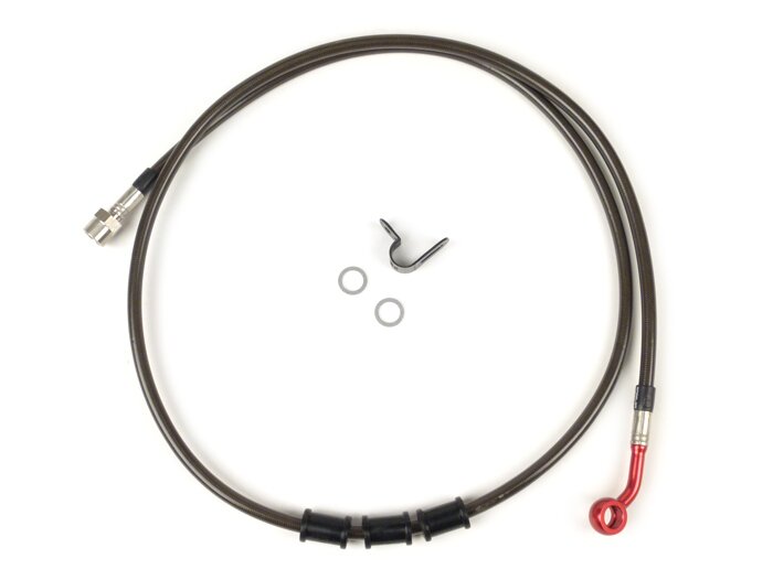 Brake hose, rear, to genuine brake caliper -SPIEGLER hose: stainless steel (colour: carbon), fitting: aluminium (red)- Vespa (with ABS) GTS 125i.e. Super ABS (ZAPM45300, ZAPM45301), Vespa GTS 300 ABS (ZAPM45200, ZAPM45202), Vespa GTS 300i.e. Super ABS (ZA