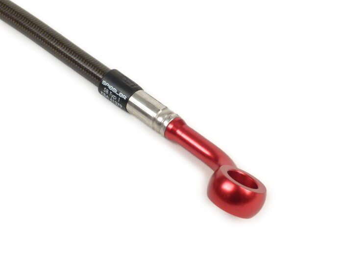 Brake hose, rear, to genuine brake caliper -SPIEGLER hose: stainless steel (colour: carbon), fitting: aluminium (red)- Vespa (with ABS) GTS 125i.e. Super ABS (ZAPM45300, ZAPM45301), Vespa GTS 300 ABS (ZAPM45200, ZAPM45202), Vespa GTS 300i.e. Super ABS (ZA