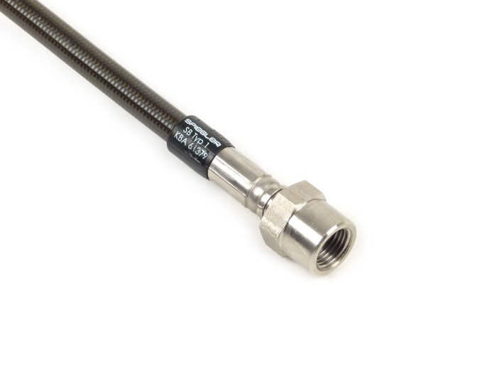 Brake hose, rear, to genuine brake caliper -SPIEGLER hose: stainless steel (colour: carbon), fitting: aluminium (red)- Vespa (with ABS) GTS 125i.e. Super ABS (ZAPM45300, ZAPM45301), Vespa GTS 300 ABS (ZAPM45200, ZAPM45202), Vespa GTS 300i.e. Super ABS (ZA