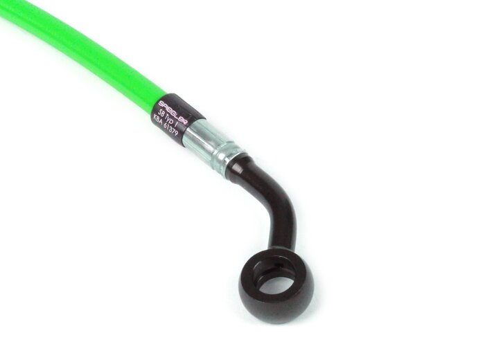 Saluran rem belakang ke kaliper rem asli -Garis spiegel: baja tahan karat (hijau), pas: aluminium (hitam) - Vespa (dengan ABS) GTS 125i.e. Super ABS (ZAPM45300, ZAPM45301), Vespa GTS 300 ABS (ZAPM45200, ZAPM45202), Vespa GTS 300i.e. Super ABS (ZAPM45200,