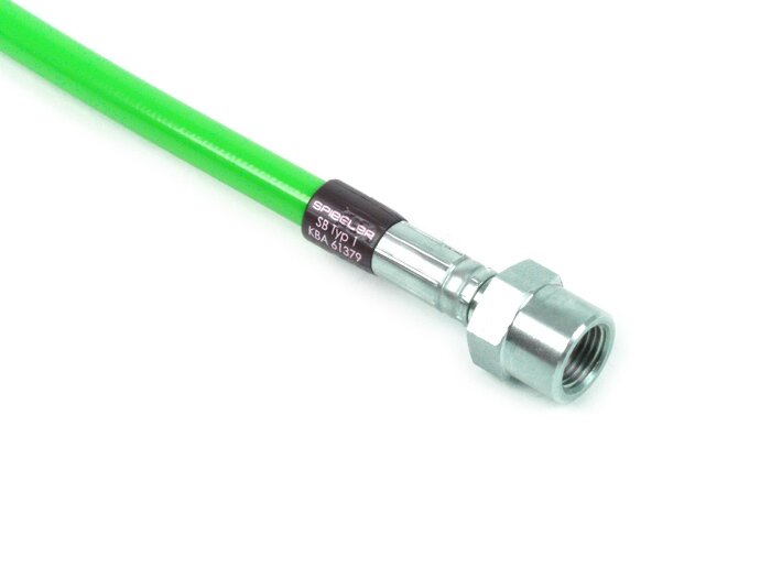 Saluran rem belakang ke kaliper rem asli -Garis spiegel: baja tahan karat (hijau), pas: aluminium (hitam) - Vespa (dengan ABS) GTS 125i.e. Super ABS (ZAPM45300, ZAPM45301), Vespa GTS 300 ABS (ZAPM45200, ZAPM45202), Vespa GTS 300i.e. Super ABS (ZAPM45200,