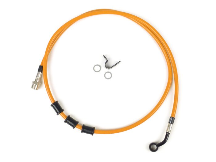 Brake hose, rear, to genuine brake caliper -SPIEGLER hose: stainless steel (orange), fitting: aluminium (black)- Vespa (with ABS) GTS 125i.e. Super ABS (ZAPM45300, ZAPM45301), Vespa GTS 300 ABS (ZAPM45200, ZAPM45202), Vespa GTS 300i.e. Super ABS (ZAPM4520