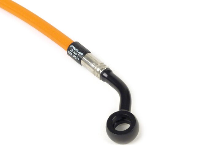 Brake hose, rear, to genuine brake caliper -SPIEGLER hose: stainless steel (orange), fitting: aluminium (black)- Vespa (with ABS) GTS 125i.e. Super ABS (ZAPM45300, ZAPM45301), Vespa GTS 300 ABS (ZAPM45200, ZAPM45202), Vespa GTS 300i.e. Super ABS (ZAPM4520