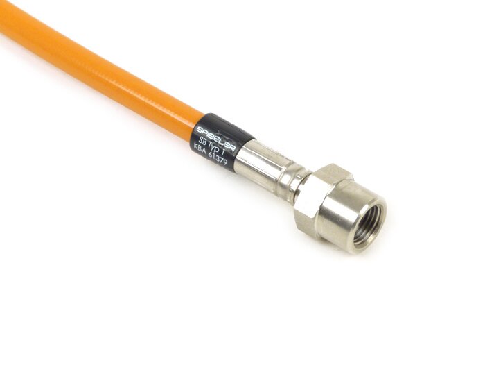 Brake hose, rear, to genuine brake caliper -SPIEGLER hose: stainless steel (orange), fitting: aluminium (black)- Vespa (with ABS) GTS 125i.e. Super ABS (ZAPM45300, ZAPM45301), Vespa GTS 300 ABS (ZAPM45200, ZAPM45202), Vespa GTS 300i.e. Super ABS (ZAPM4520