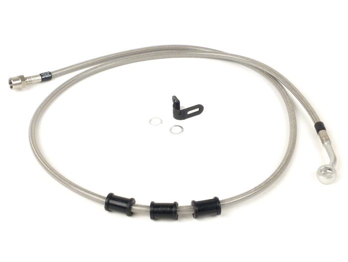 Brake hose, rear, to genuine brake caliper -SPIEGLER hose: stainless steel (transparent), fitting: aluminium (silver)- Vespa (with ABS) GTS 125i.e. Super ABS (ZAPM45300, ZAPM45301), Vespa GTS 300 ABS (ZAPM45200, ZAPM45202), Vespa GTS 300i.e. Super ABS (ZA