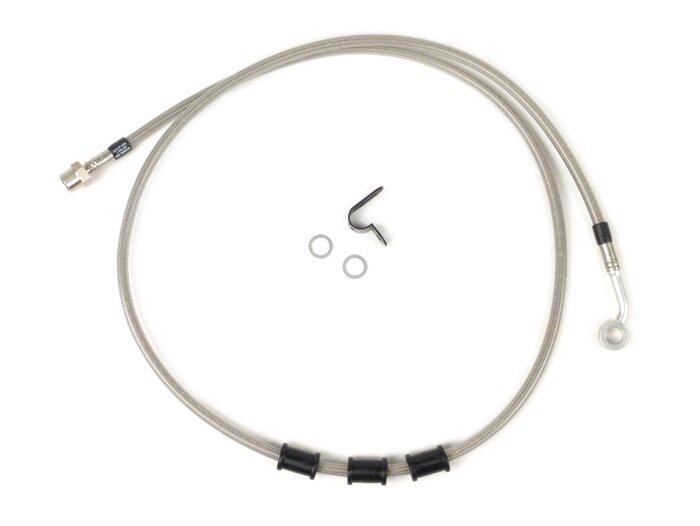 Brake hose, rear, to genuine brake caliper -SPIEGLER hose: stainless steel (transparent), fitting: aluminium (silver)- Vespa (with ABS) GTS 125i.e. Super ABS (ZAPM45300, ZAPM45301), Vespa GTS 300 ABS (ZAPM45200, ZAPM45202), Vespa GTS 300i.e. Super ABS (ZA