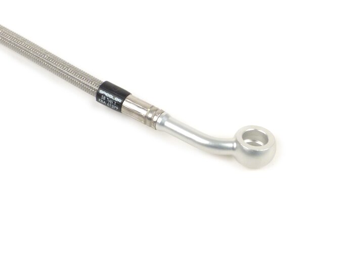 Brake hose, rear, to genuine brake caliper -SPIEGLER hose: stainless steel (transparent), fitting: aluminium (silver)- Vespa (with ABS) GTS 125i.e. Super ABS (ZAPM45300, ZAPM45301), Vespa GTS 300 ABS (ZAPM45200, ZAPM45202), Vespa GTS 300i.e. Super ABS (ZA