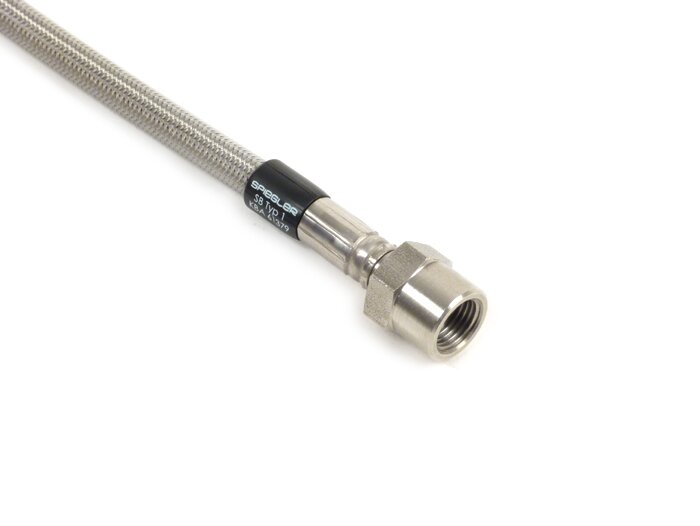 Brake hose, rear, to genuine brake caliper -SPIEGLER hose: stainless steel (transparent), fitting: aluminium (silver)- Vespa (with ABS) GTS 125i.e. Super ABS (ZAPM45300, ZAPM45301), Vespa GTS 300 ABS (ZAPM45200, ZAPM45202), Vespa GTS 300i.e. Super ABS (ZA