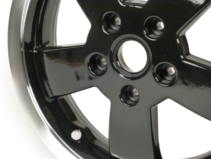 Fälgsats -PIAGGIO 2017 Super - svart med polerad fälg, 3,00-12 tum - 5 ekrar- Vespa GTS, HPE, Supertech 125/300ccm - tillverkningsår 2017- (ABS lerhjul skruvas direkt på fälgen baktill)-