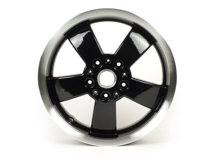 Fälgsats -PIAGGIO 2017 Super - svart med polerad fälg, 3,00-12 tum - 5 ekrar- Vespa GTS, HPE, Supertech 125/300ccm - tillverkningsår 2017- (ABS lerhjul skruvas direkt på fälgen baktill)-