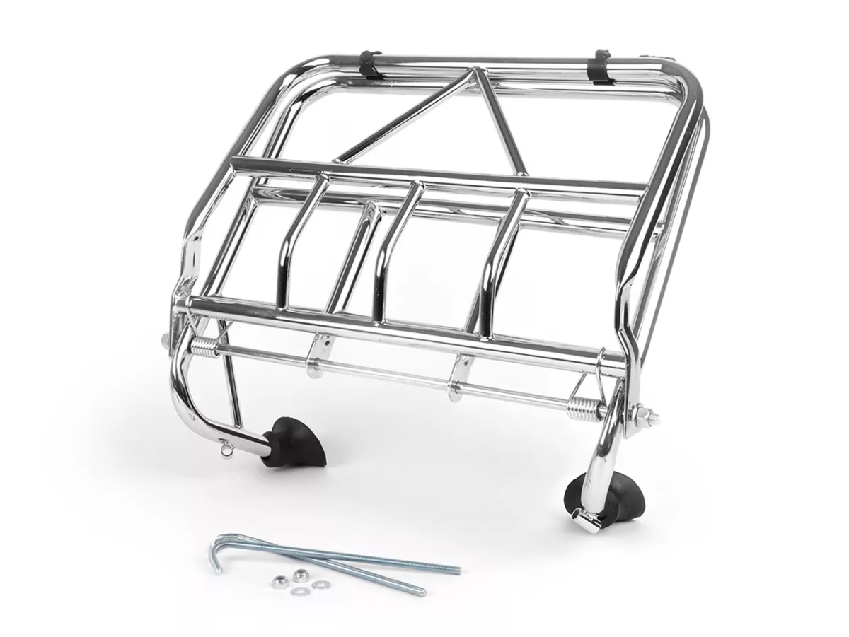 Opklapbaar bagagerek vooraan -ULMA NANUCCI Style- Vespa Largeframe Rally, Sprint, SS180, GS160, GT, GTR, GL, Super, VBB, VBA, VNA, VNB, Vespa Wideframe GS150, VL, VB, VM, VN, V1-15, V30-33, Motovespa Largeframe 150 GS, 150 Sprint, GT160 - Chroom