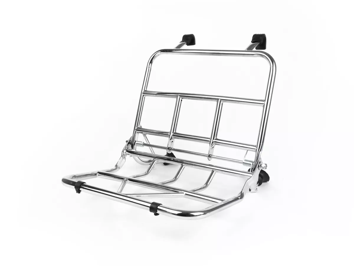 Opklapbaar bagagerek vooraan -ULMA NANUCCI Style- Vespa Largeframe Rally, Sprint, SS180, GS160, GT, GTR, GL, Super, VBB, VBA, VNA, VNB, Vespa Wideframe GS150, VL, VB, VM, VN, V1-15, V30-33, Motovespa Largeframe 150 GS, 150 Sprint, GT160 - Chroom