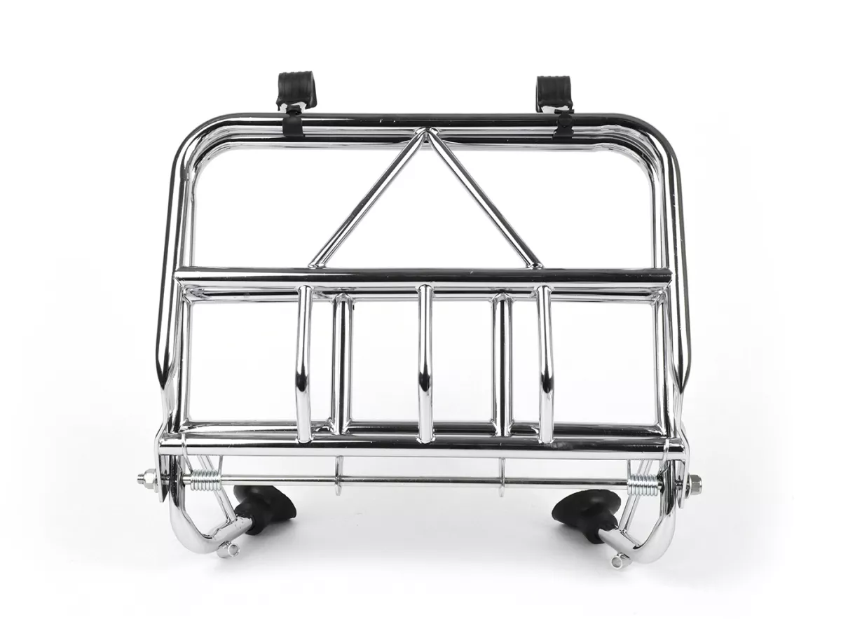 Opklapbaar bagagerek vooraan -ULMA NANUCCI Style- Vespa Largeframe Rally, Sprint, SS180, GS160, GT, GTR, GL, Super, VBB, VBA, VNA, VNB, Vespa Wideframe GS150, VL, VB, VM, VN, V1-15, V30-33, Motovespa Largeframe 150 GS, 150 Sprint, GT160 - Chroom