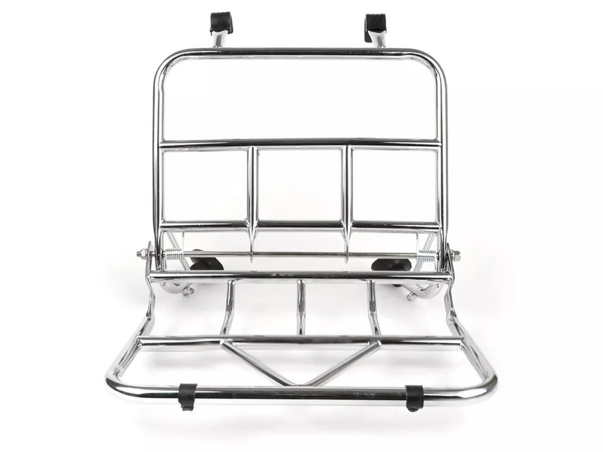 Opklapbaar bagagerek vooraan -ULMA NANUCCI Style- Vespa Largeframe Rally, Sprint, SS180, GS160, GT, GTR, GL, Super, VBB, VBA, VNA, VNB, Vespa Wideframe GS150, VL, VB, VM, VN, V1-15, V30-33, Motovespa Largeframe 150 GS, 150 Sprint, GT160 - Chroom