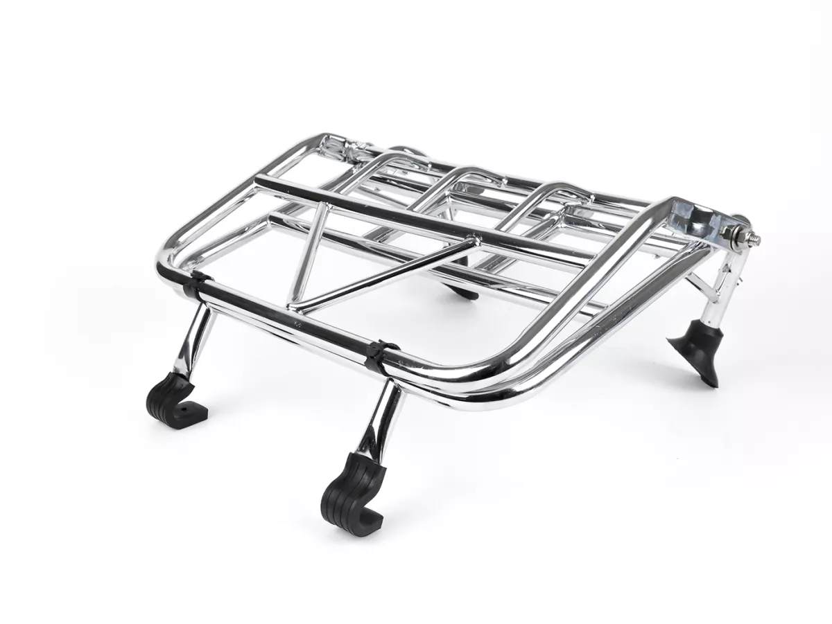 Opklapbaar bagagerek vooraan -ULMA NANUCCI Style- Vespa Largeframe Rally, Sprint, SS180, GS160, GT, GTR, GL, Super, VBB, VBA, VNA, VNB, Vespa Wideframe GS150, VL, VB, VM, VN, V1-15, V30-33, Motovespa Largeframe 150 GS, 150 Sprint, GT160 - Chroom