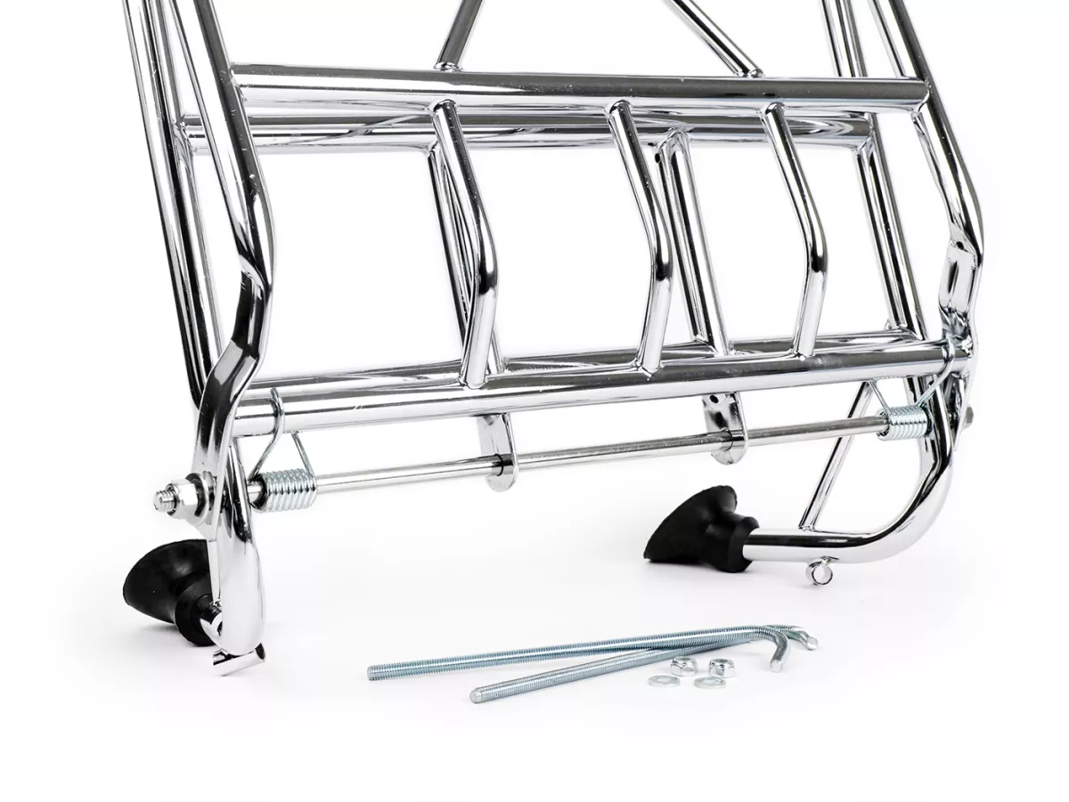 Opklapbaar bagagerek vooraan -ULMA NANUCCI Style- Vespa Largeframe Rally, Sprint, SS180, GS160, GT, GTR, GL, Super, VBB, VBA, VNA, VNB, Vespa Wideframe GS150, VL, VB, VM, VN, V1-15, V30-33, Motovespa Largeframe 150 GS, 150 Sprint, GT160 - Chroom