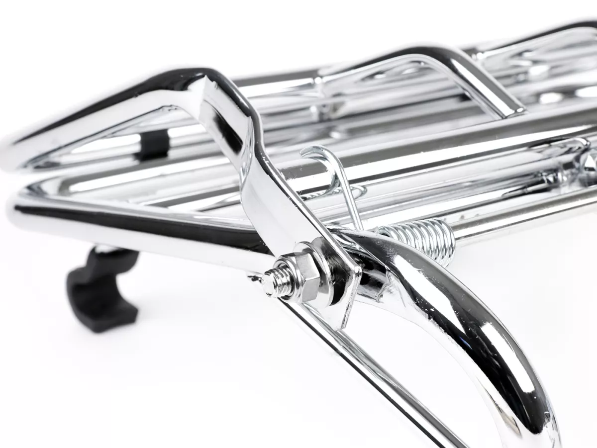 Opklapbaar bagagerek vooraan -ULMA NANUCCI Style- Vespa Largeframe Rally, Sprint, SS180, GS160, GT, GTR, GL, Super, VBB, VBA, VNA, VNB, Vespa Wideframe GS150, VL, VB, VM, VN, V1-15, V30-33, Motovespa Largeframe 150 GS, 150 Sprint, GT160 - Chroom