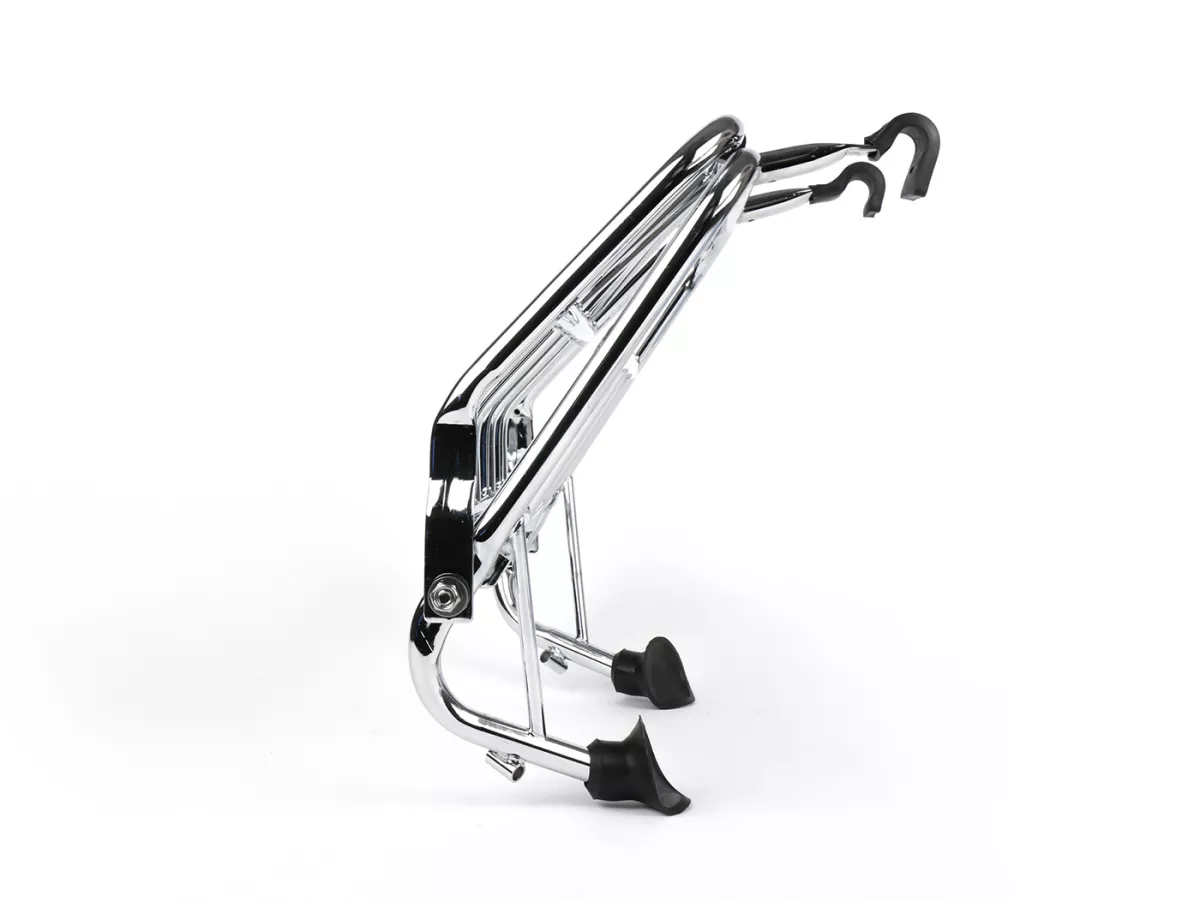 Opklapbaar bagagerek vooraan -ULMA NANUCCI Style- Vespa Largeframe Rally, Sprint, SS180, GS160, GT, GTR, GL, Super, VBB, VBA, VNA, VNB, Vespa Wideframe GS150, VL, VB, VM, VN, V1-15, V30-33, Motovespa Largeframe 150 GS, 150 Sprint, GT160 - Chroom