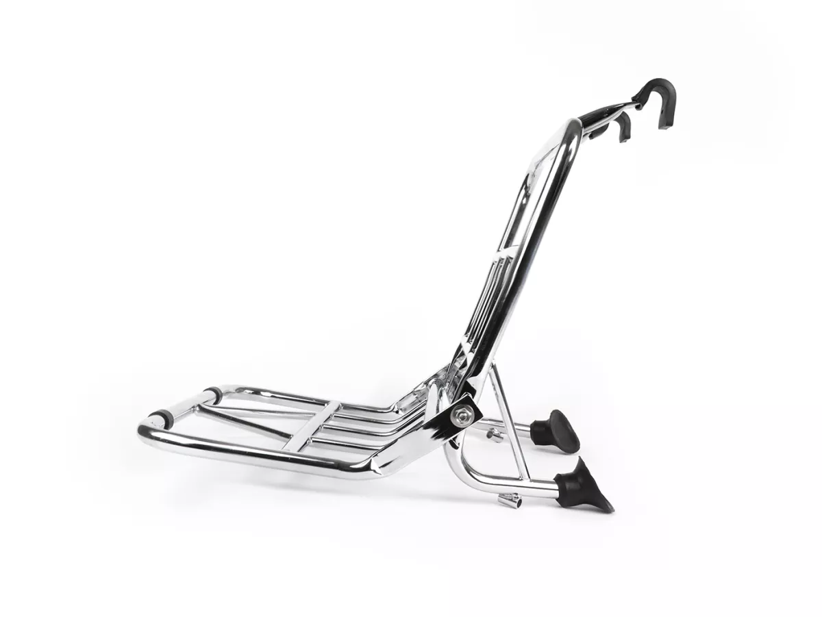 Opklapbaar bagagerek vooraan -ULMA NANUCCI Style- Vespa Largeframe Rally, Sprint, SS180, GS160, GT, GTR, GL, Super, VBB, VBA, VNA, VNB, Vespa Wideframe GS150, VL, VB, VM, VN, V1-15, V30-33, Motovespa Largeframe 150 GS, 150 Sprint, GT160 - Chroom
