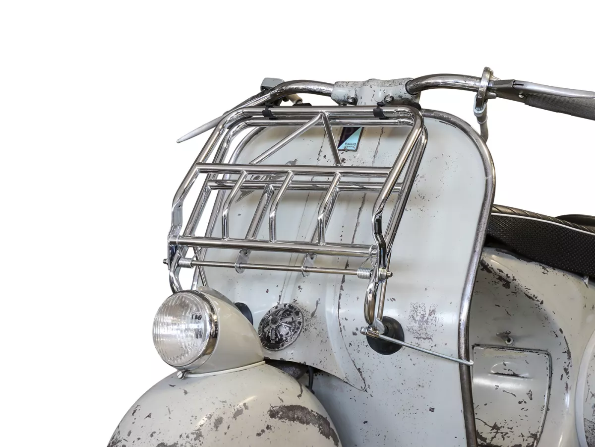 Opklapbaar bagagerek vooraan -ULMA NANUCCI Style- Vespa Largeframe Rally, Sprint, SS180, GS160, GT, GTR, GL, Super, VBB, VBA, VNA, VNB, Vespa Wideframe GS150, VL, VB, VM, VN, V1-15, V30-33, Motovespa Largeframe 150 GS, 150 Sprint, GT160 - Chroom