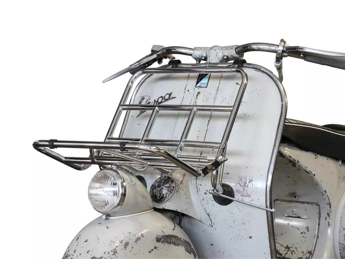 Opklapbaar bagagerek vooraan -ULMA NANUCCI Style- Vespa Largeframe Rally, Sprint, SS180, GS160, GT, GTR, GL, Super, VBB, VBA, VNA, VNB, Vespa Wideframe GS150, VL, VB, VM, VN, V1-15, V30-33, Motovespa Largeframe 150 GS, 150 Sprint, GT160 - Chroom