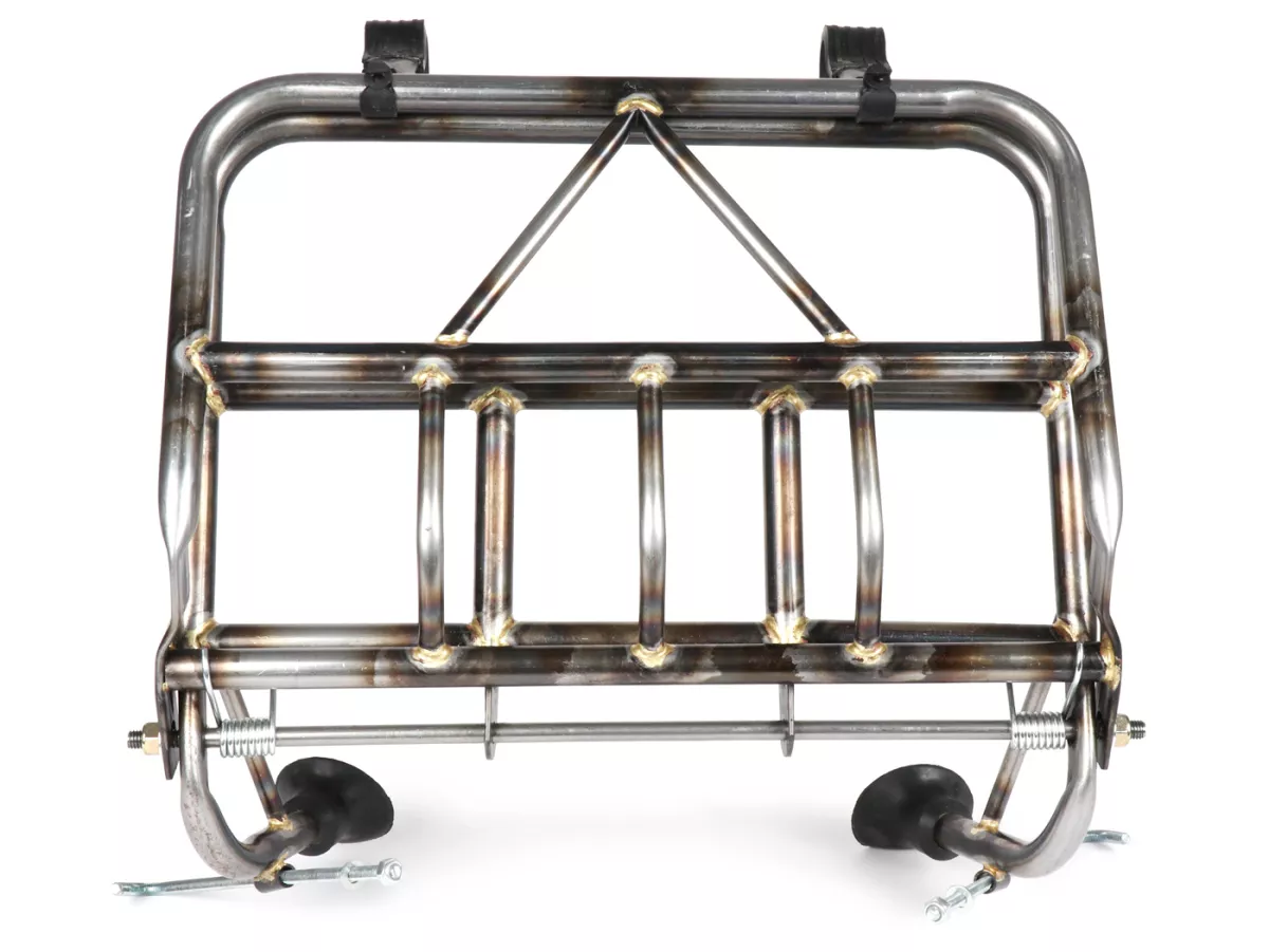 Portaequipajes plegable frontal -ULMA NANUCCI Style- Vespa Largeframe Rally, Sprint, SS180, GS160, GT, GTR, GL, Super, VBB, VBA, VNA, VNB, Vespa Wideframe GS150, VL, VB, VM, VN, V1-15, V30-33, Motovespa 150 GS, 150 Sprint, GT160 - metal desnudo (no contra