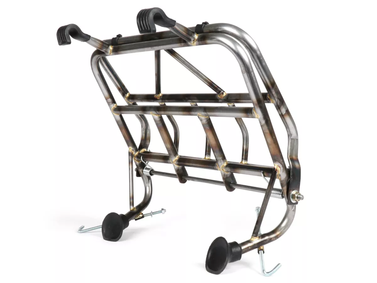 Portaequipajes plegable frontal -ULMA NANUCCI Style- Vespa Largeframe Rally, Sprint, SS180, GS160, GT, GTR, GL, Super, VBB, VBA, VNA, VNB, Vespa Wideframe GS150, VL, VB, VM, VN, V1-15, V30-33, Motovespa 150 GS, 150 Sprint, GT160 - metal desnudo (no contra