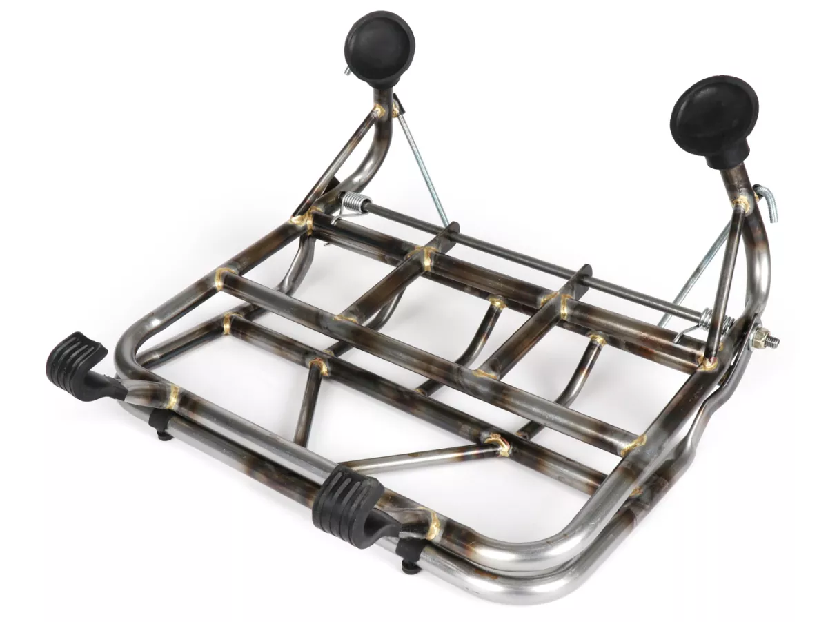 Portaequipajes plegable frontal -ULMA NANUCCI Style- Vespa Largeframe Rally, Sprint, SS180, GS160, GT, GTR, GL, Super, VBB, VBA, VNA, VNB, Vespa Wideframe GS150, VL, VB, VM, VN, V1-15, V30-33, Motovespa 150 GS, 150 Sprint, GT160 - metal desnudo (no contra