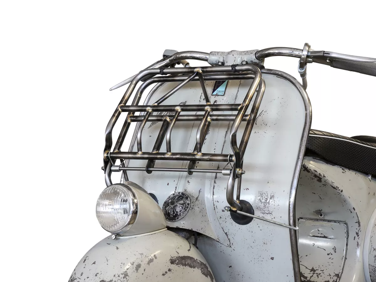 Portaequipajes plegable frontal -ULMA NANUCCI Style- Vespa Largeframe Rally, Sprint, SS180, GS160, GT, GTR, GL, Super, VBB, VBA, VNA, VNB, Vespa Wideframe GS150, VL, VB, VM, VN, V1-15, V30-33, Motovespa 150 GS, 150 Sprint, GT160 - metal desnudo (no contra
