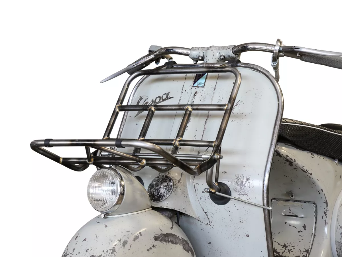Portaequipajes plegable frontal -ULMA NANUCCI Style- Vespa Largeframe Rally, Sprint, SS180, GS160, GT, GTR, GL, Super, VBB, VBA, VNA, VNB, Vespa Wideframe GS150, VL, VB, VM, VN, V1-15, V30-33, Motovespa 150 GS, 150 Sprint, GT160 - metal desnudo (no contra