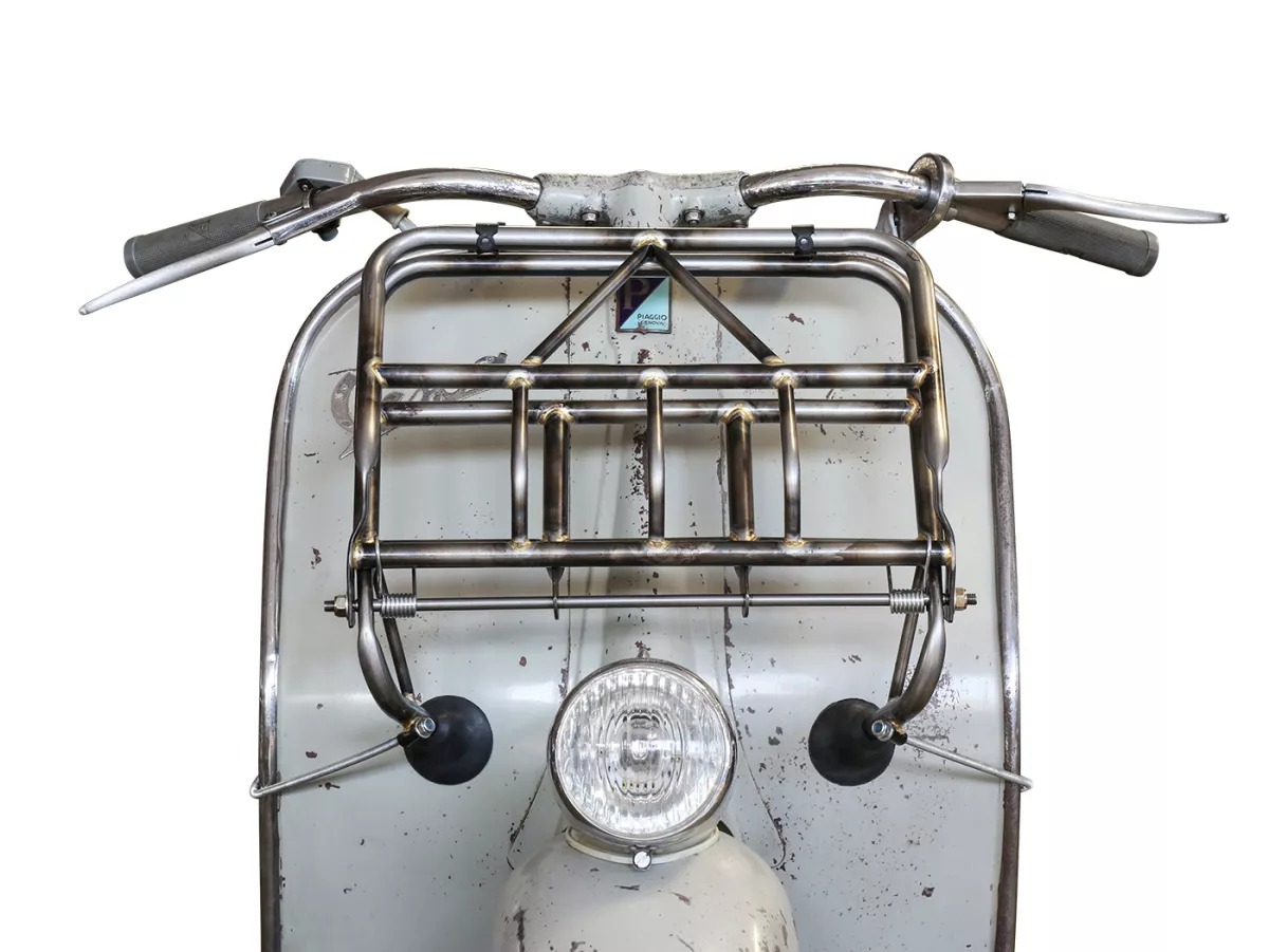 Portaequipajes plegable frontal -ULMA NANUCCI Style- Vespa Largeframe Rally, Sprint, SS180, GS160, GT, GTR, GL, Super, VBB, VBA, VNA, VNB, Vespa Wideframe GS150, VL, VB, VM, VN, V1-15, V30-33, Motovespa 150 GS, 150 Sprint, GT160 - metal desnudo (no contra