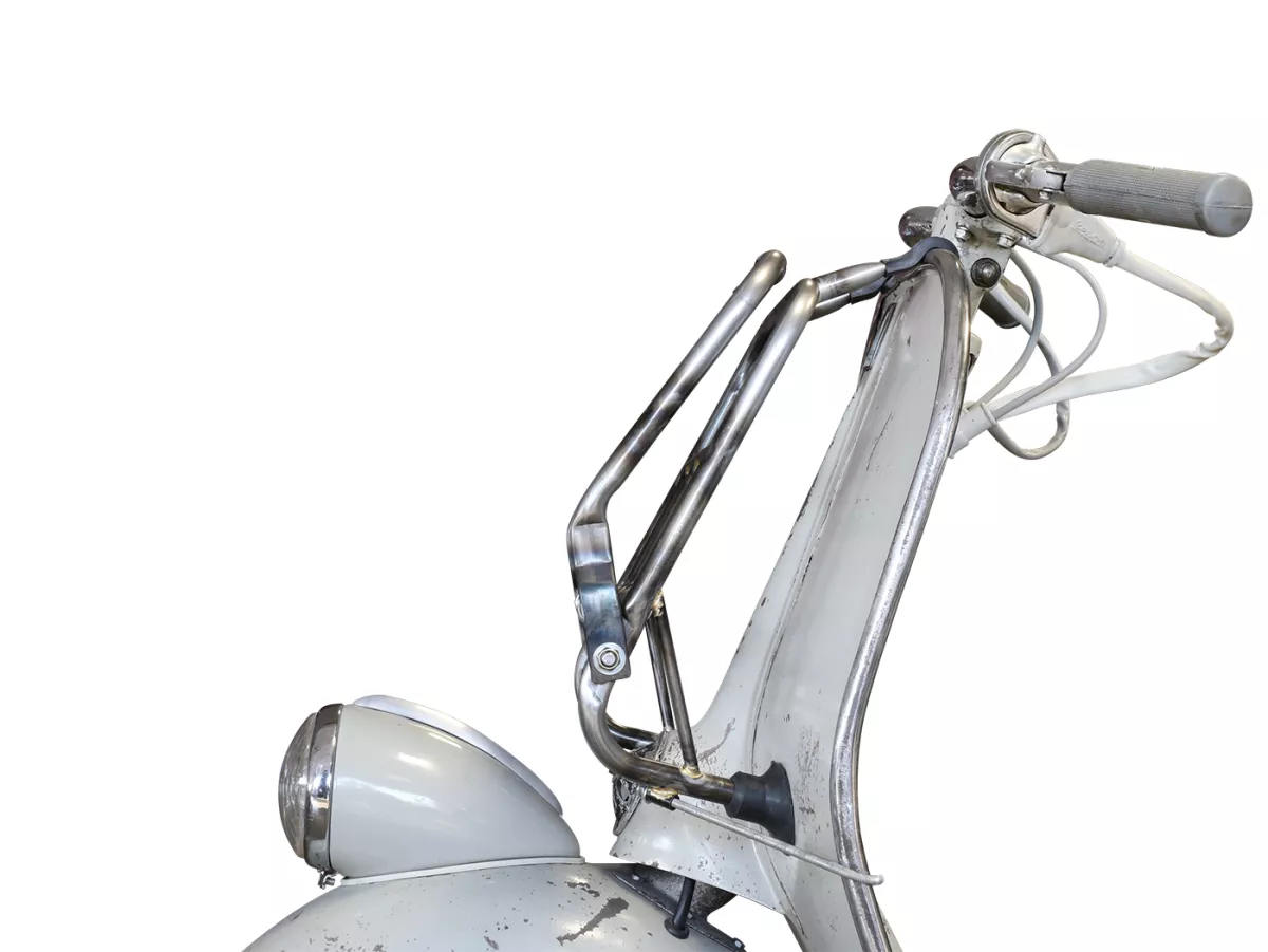 Portaequipajes plegable frontal -ULMA NANUCCI Style- Vespa Largeframe Rally, Sprint, SS180, GS160, GT, GTR, GL, Super, VBB, VBA, VNA, VNB, Vespa Wideframe GS150, VL, VB, VM, VN, V1-15, V30-33, Motovespa 150 GS, 150 Sprint, GT160 - metal desnudo (no contra