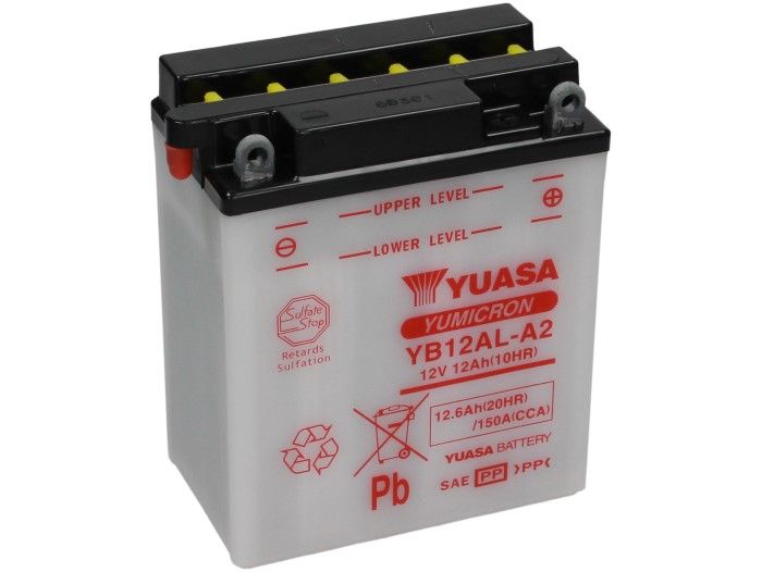 Standaard YUASA YB12AL-A(2)- 12V, 12Ah - 165x80x135mm (zonder zuur)