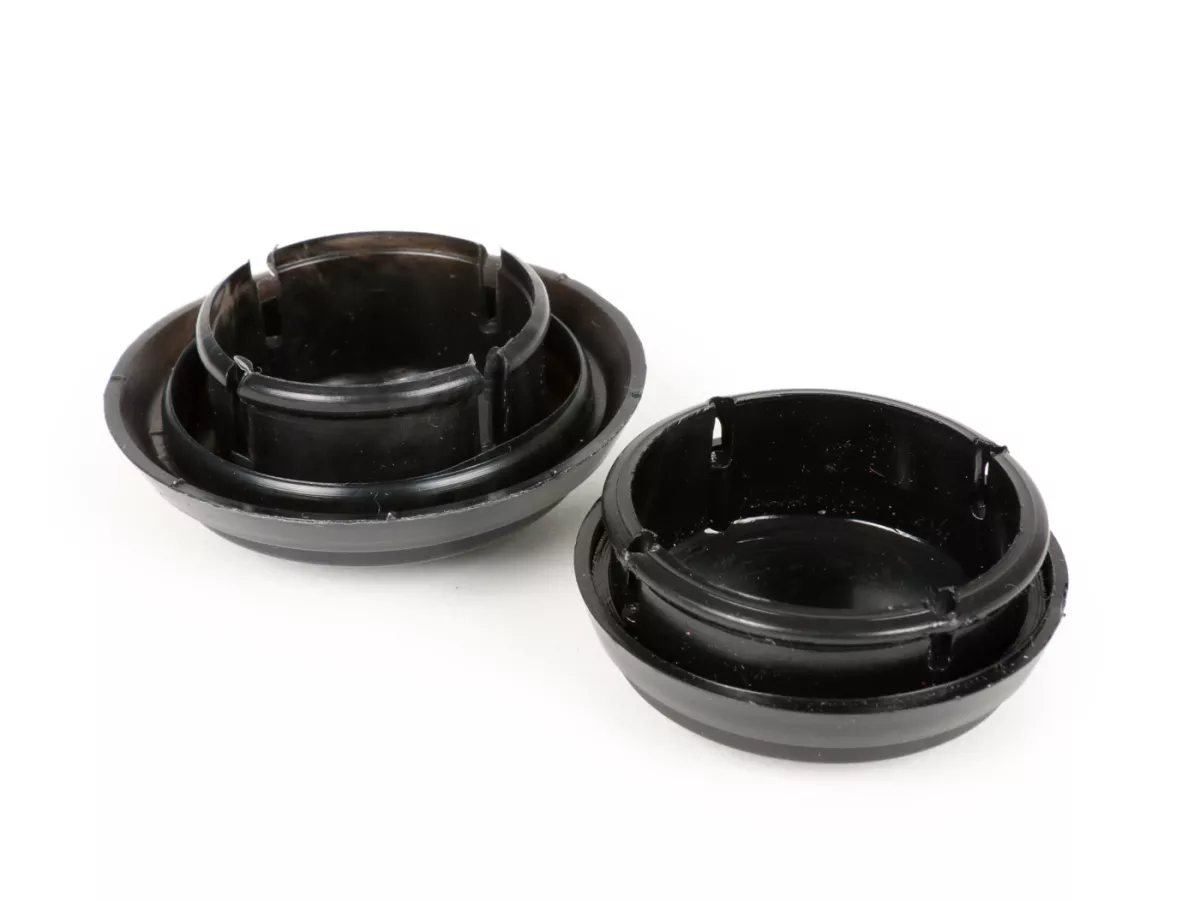 Pair of covers for wheel nut / brake drum Ø=36+39mm -OEM QUALITY front + rear- Vespa PX (1984-), T5 125cc, Cosa - black
