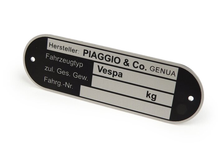Name plate -OEM QUALITY- Vespa Piaggio & Co Genua (80x25x0,5mm) - round