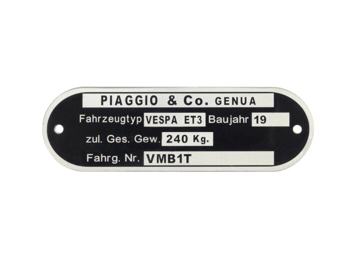 Vehicle ID number plate -OEM QUALITY- Vespa Piaggio & Co Genua (80x25x0,5mm) - Vespa ET3 VMB1T